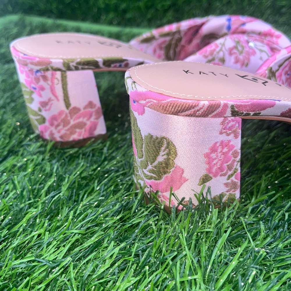 Katy Perry Pink Floral Square Toe Heeled Mules Women's Size 7M Brunch Wedding - Picture 6 of 13